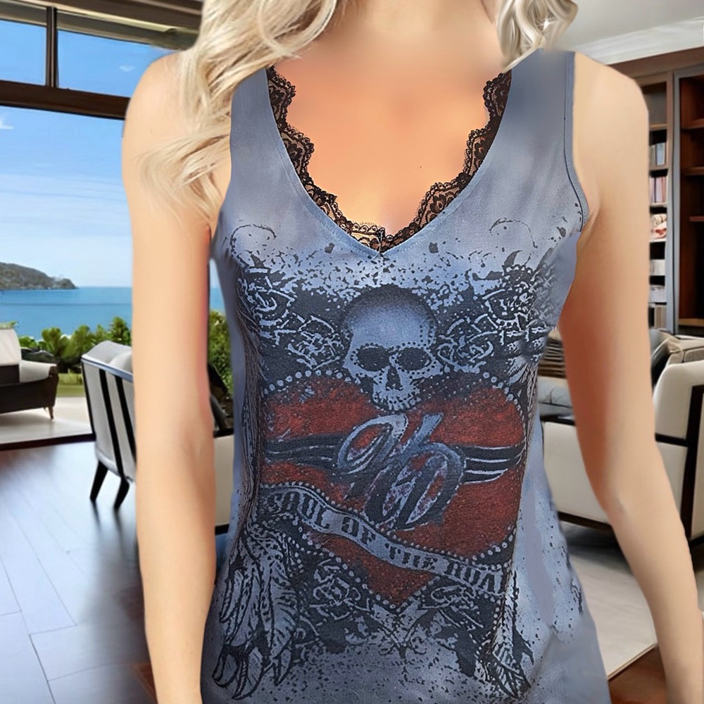 Distressed V-Neck Lace Trim Tee